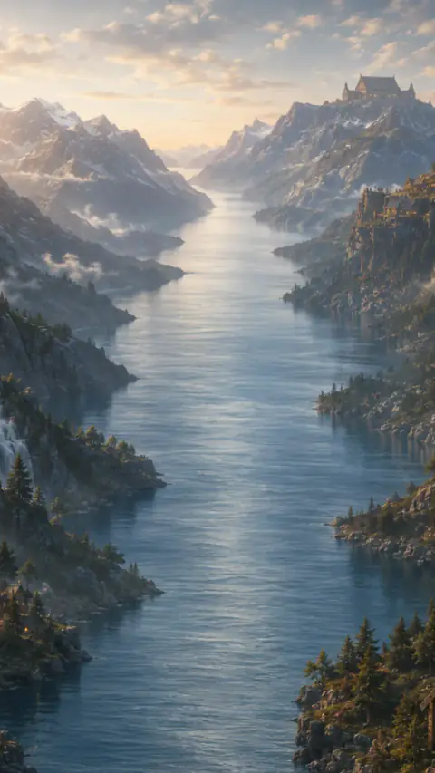 A long blue fjord at dawn between snowy peaks, a hall high on the cliffs.