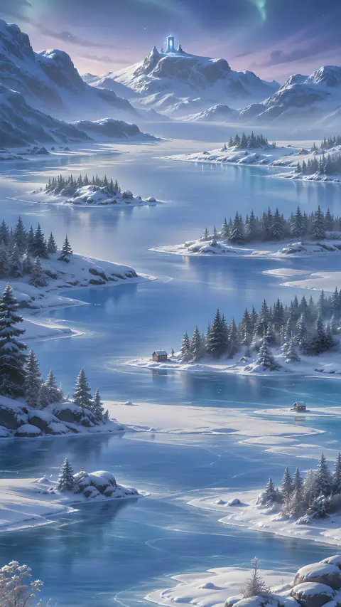A frozen lake and snowy islands beneath a faint aurora.