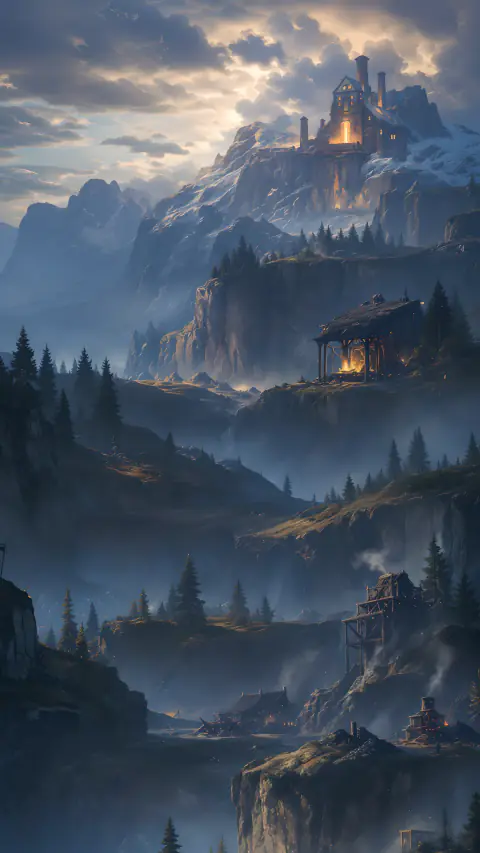 A cliffside forge glowing in the mist beneath a mountain fortress.
