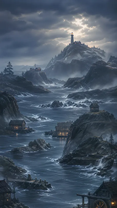 A stormy harbor of skerries and causeways below a lighthouse on a rocky headland.