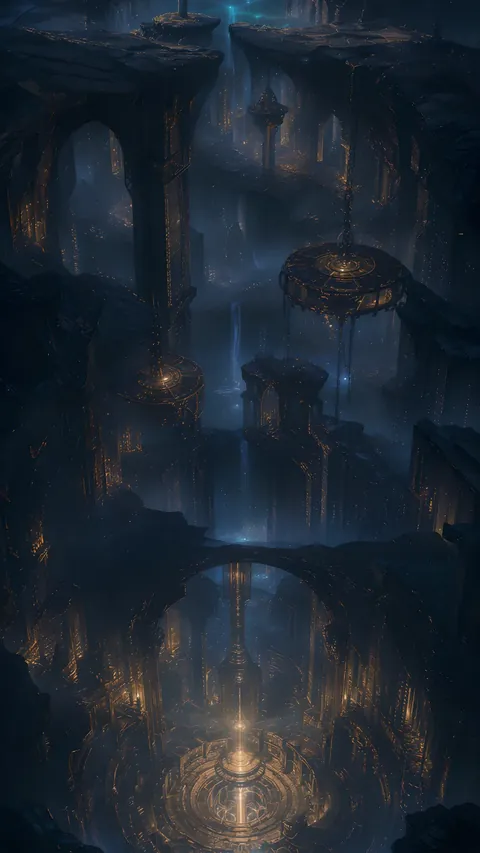 A vast star-lit well of dark stone and hanging bronze weights, glowing gold in its depths.
