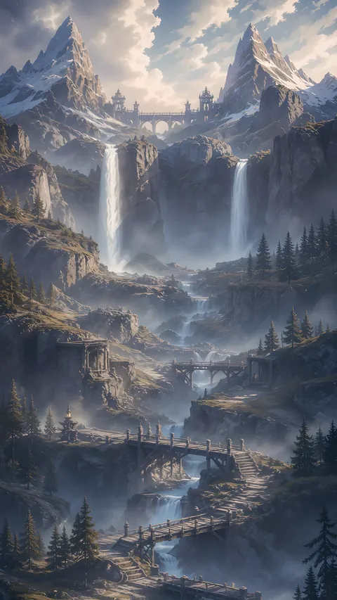 Twin waterfalls pouring from snowy peaks into a valley of wooden bridges.
