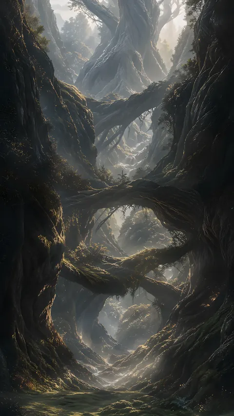 Giant ancient roots arching through a misty, mossed forest.