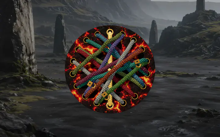 A loom over glowing, lava-cracked stone in a valley of standing stones.